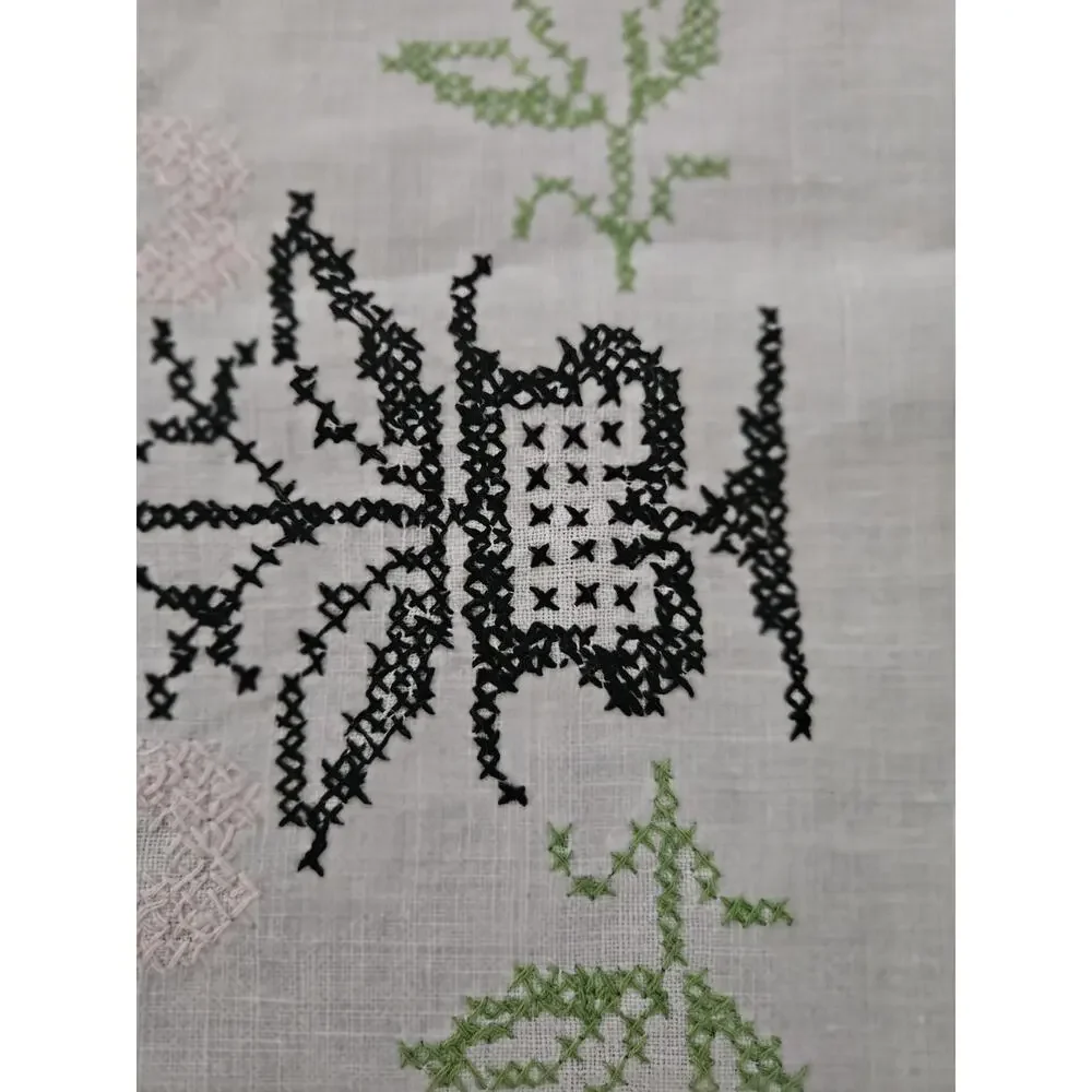 Hand Cross-Stitched Dresser Scarf Table Runner Black/pink flowers 37” by 15”